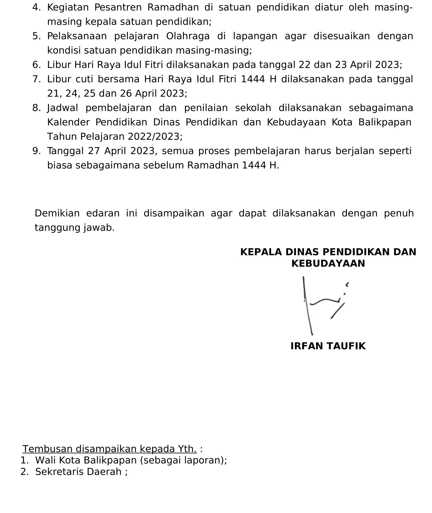 Surat Edaran Pembelajaran Selama Bulan Ramadhan dan Idul Fitri 1444 H 2